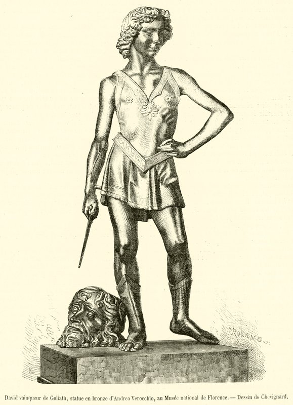 David overwint Goliath, bronzen beeld van Andrea Verocchio, in het Nationaal Museum van Florence door French School