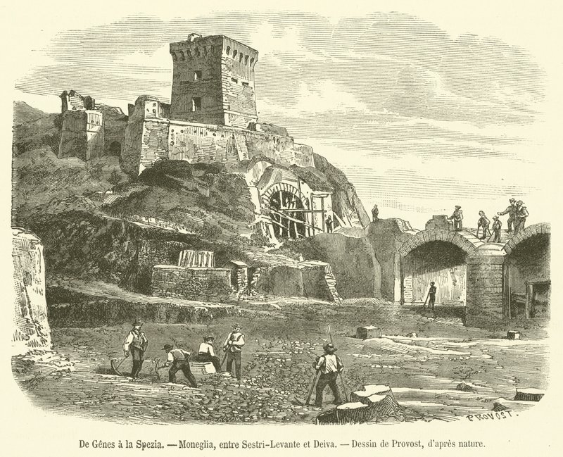Van Genua naar La Spezia, Moneglia, tussen Sestri-Levante en Deiva (gravure) door French School