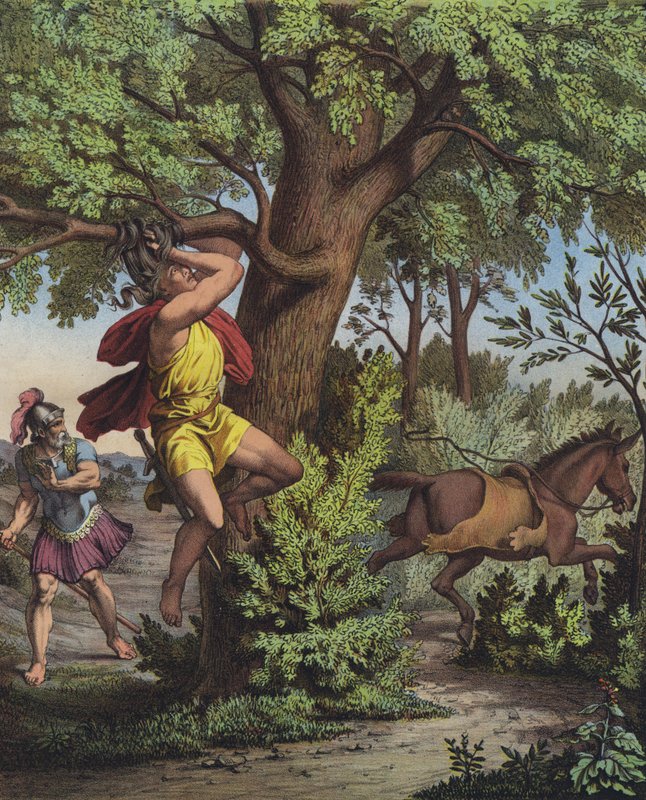 Dood van Absalom, zoon van koning David, gevangen door het hoofd in de takken van een eik tijdens de Slag om het Woud van Efraïm door French School
