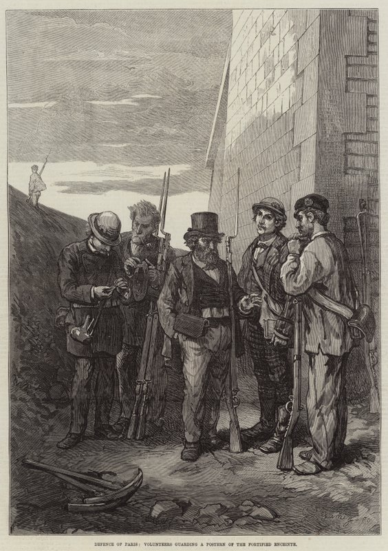 Verdediging van Parijs, vrijwilligers bewaken een poort van de versterkte omheining (gravure) door French School