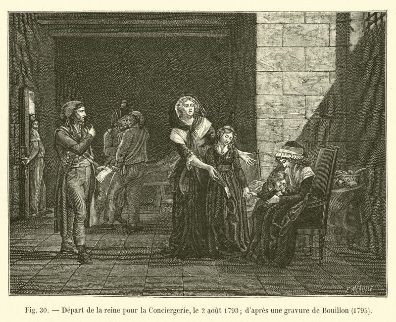 Vertrek van de koningin naar de Conciergerie, op 2 augustus 1793; naar een gravure van Bouillon, 1795 door French School