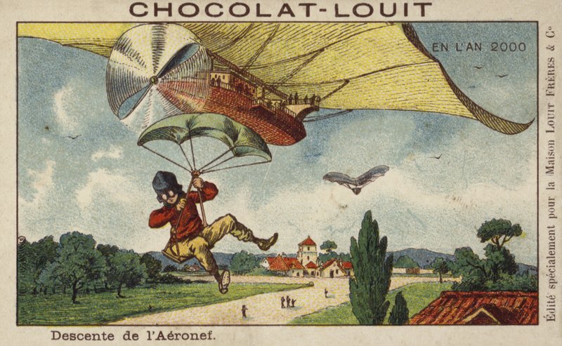 Afdalen van een luchtschip met een parachute in het jaar 2000 door French School