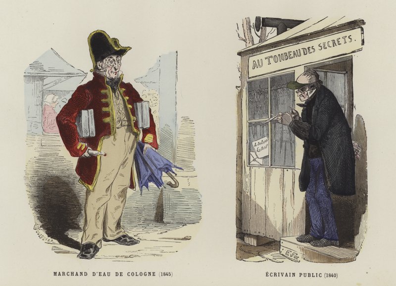 Eau de Cologne verkoper, 1845, en publieke schrijver, 1840 door French School