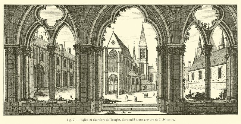 Kerk en knekelhuis van de Tempel, facsimile van een gravure van I Sylvestre door French School