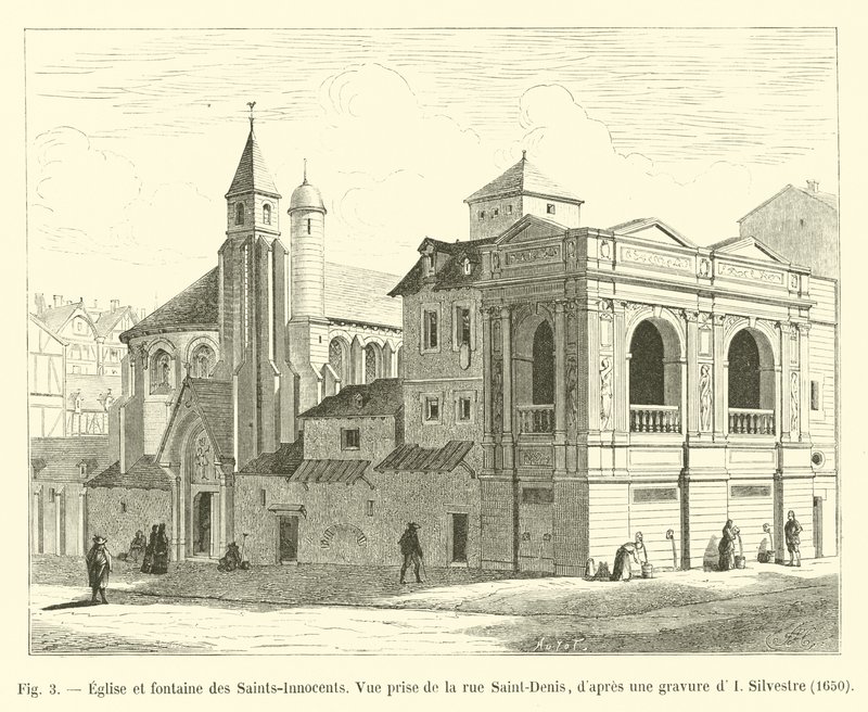 Kerk en fontein van de Heilige Onschuldigen, gezien vanaf de rue Saint-Denis, naar een gravure van I. Silvestre, 1650 door French School