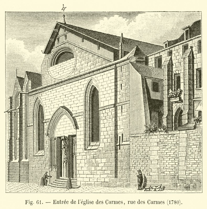 Ingang van de kerk van de Karmelieten, rue des Carmes, 1780 door French School