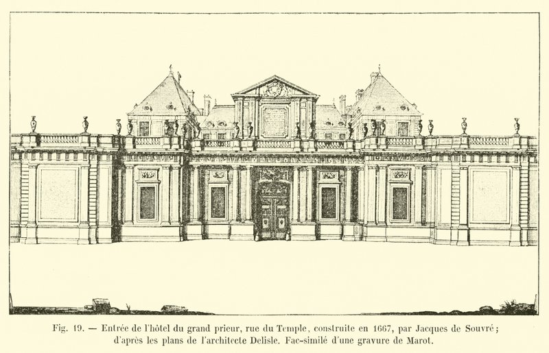 Ingang van het hotel van de grootprior, rue du Temple, gebouwd in 1667, door Jacques de Souvre; naar de plannen van de architect Delisle, facsimile van een gravure van Marot door French School