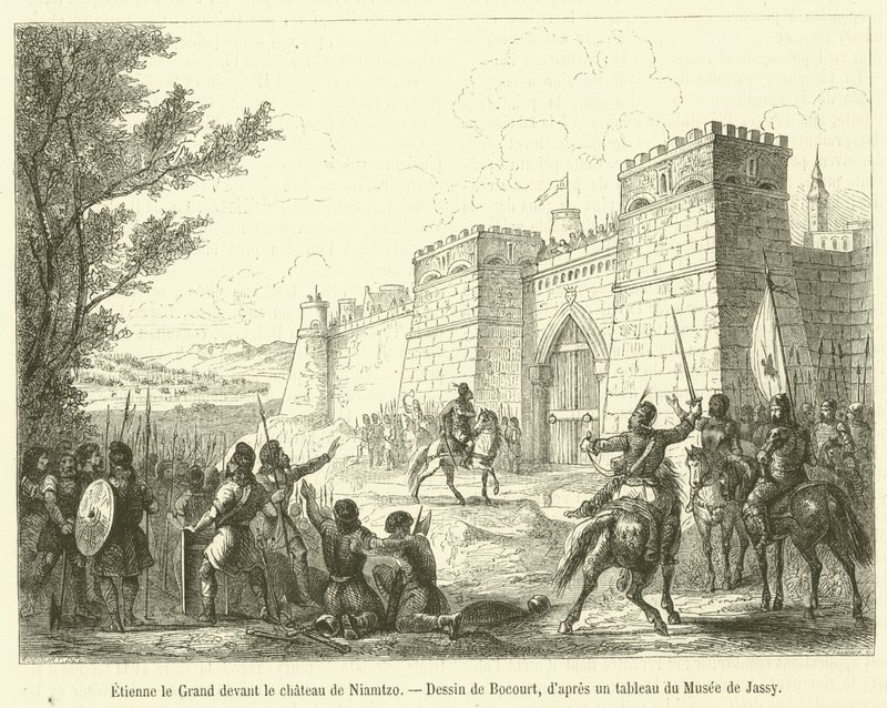 Etienne de Grote voor het kasteel van Niamtzo door French School