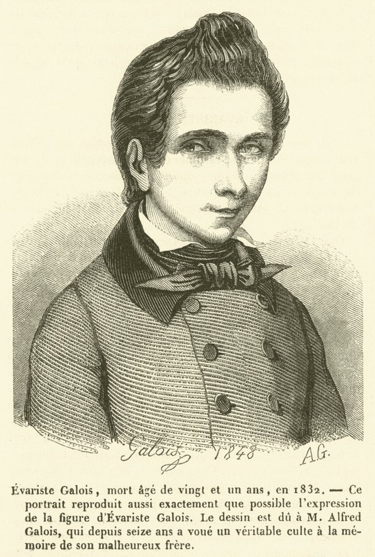 Evariste Galois, stierf op 21-jarige leeftijd, in 1832 (gravure) door French School