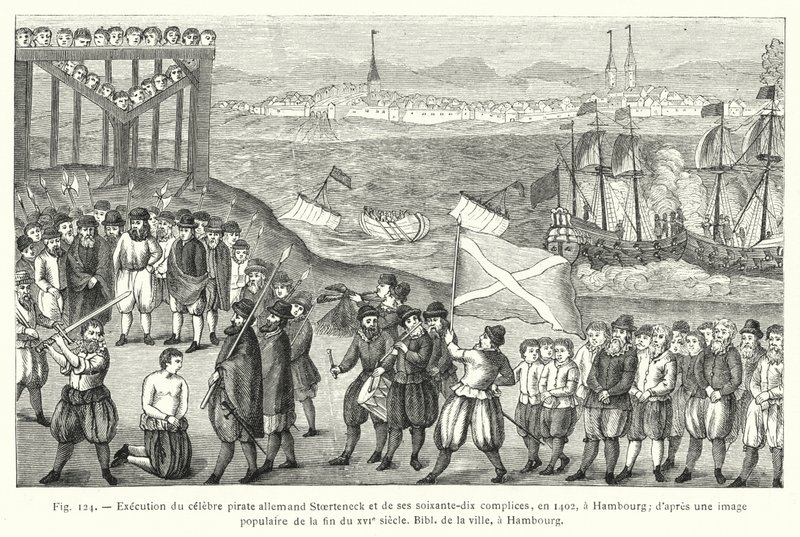 Executie van de beroemde Duitse piraat Stoerteneck en zijn zeventig medeplichtigen, in 1402, in Hamburg; naar een volksprent uit de late 16e eeuw, bibliotheek van de stad, in Hamburg door French School