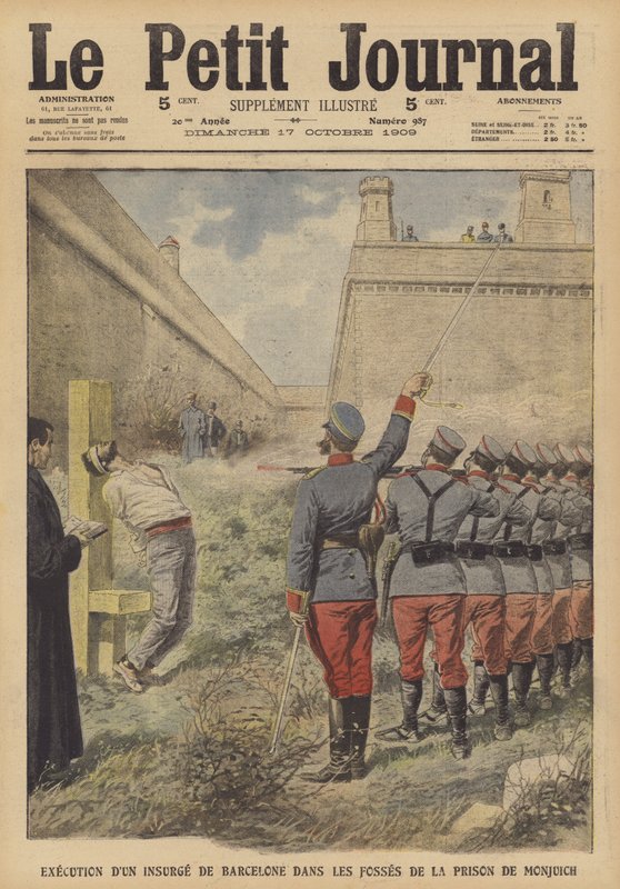 Executie van een deelnemer aan de opstanden in Barcelona in juli 1909 in de Monjuich-gevangenis door French School