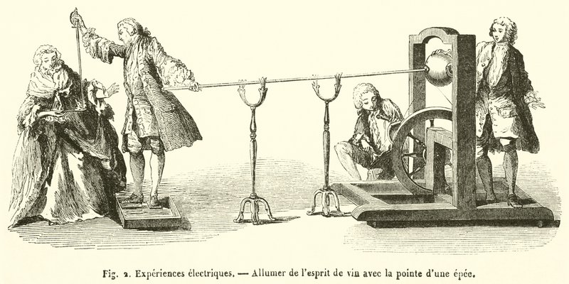 Elektrische experimenten, branden van wijngeest met de punt van een zwaard door French School