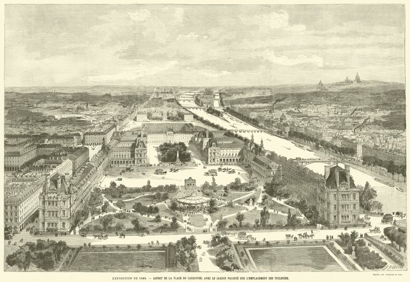 Tentoonstelling van 1889, Uitzicht op de Place du Carrousel met de geplande tuin op de locatie van de Tuilerieën door French School