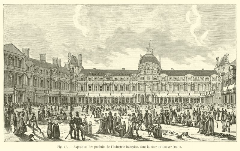 Tentoonstelling van Franse industriële producten, in de binnenplaats van het Louvre, 1801 door French School