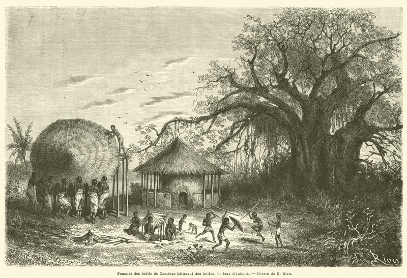 Vrouwen aan de oevers van de Zambezi bouwen hutten, kinderspelen door French School