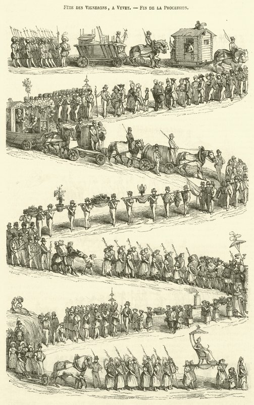 Fete des Vignerons, in Vevey, einde van de processie (gravure) door French School