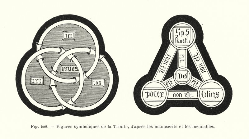Symbolische figuren van de Drie-eenheid, naar manuscripten en incunabelen door French School