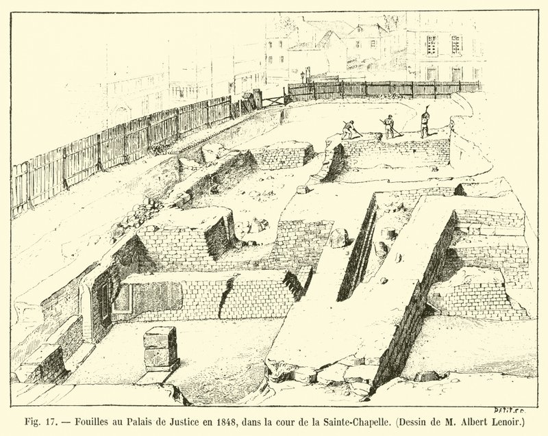 Opgravingen bij het Paleis van Justitie in 1848, in de binnenplaats van de Sainte-Chapelle, tekening van M. Albert Lenoir door French School