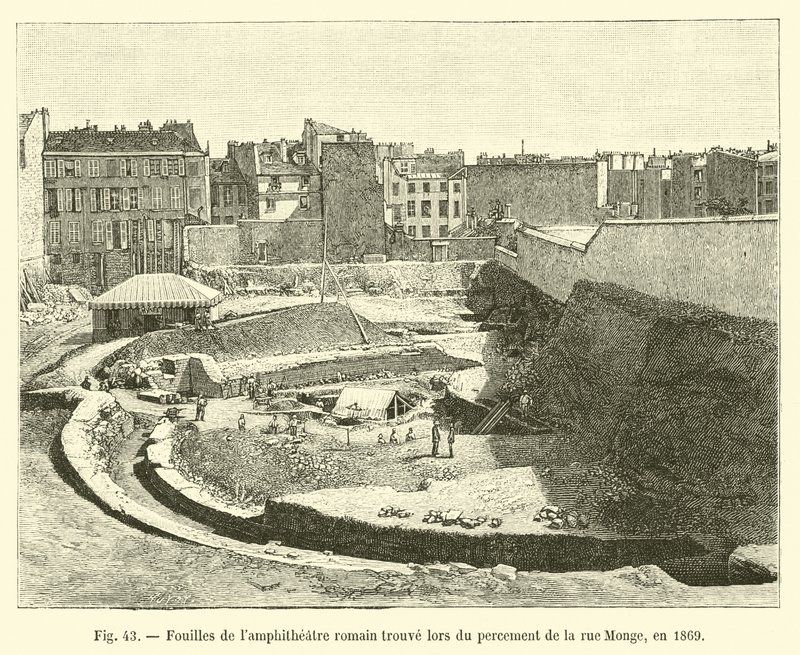 Opgravingen van het Romeinse amfitheater gevonden tijdens de aanleg van de Rue Monge, in 1869 door French School