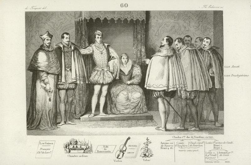 Frans II van Frankrijk informeert parlementsafgevaardigden dat hij zijn ooms, de hertog van Guise en Karel, kardinaal van Lotharingen, heeft gekozen om voor hem te regeren, 1559 door French School