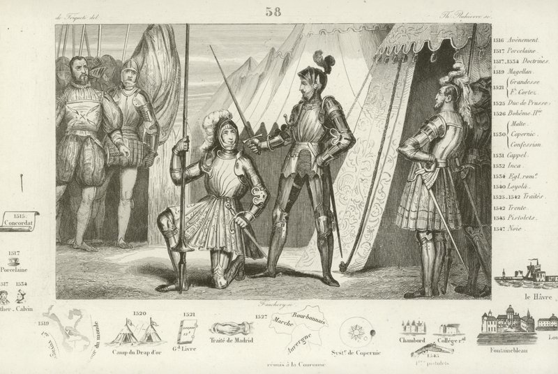 Frans I van Frankrijk vraagt om geridderd te worden door de Chevalier Bayard na de overwinning in de Slag bij Marignano, Italië, 1515 door French School