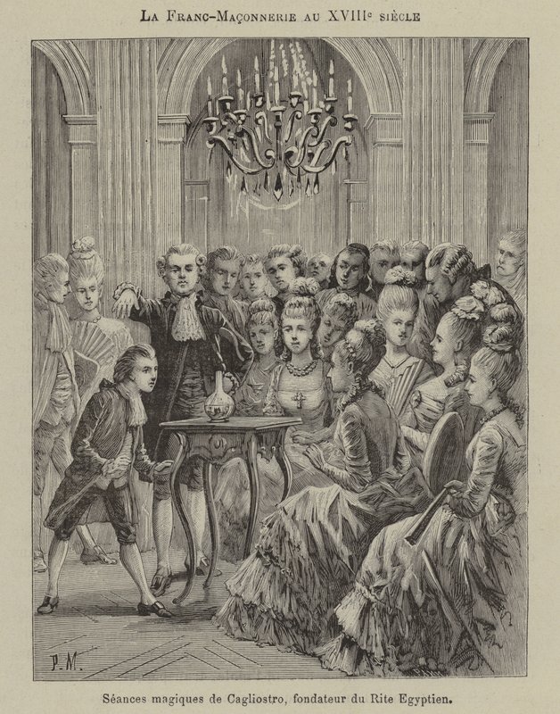 Vrijmetselarij in de 18e eeuw: magische seance geleid door Aleesandro Cagliostro, oprichter van de Egyptische Rite door French School
