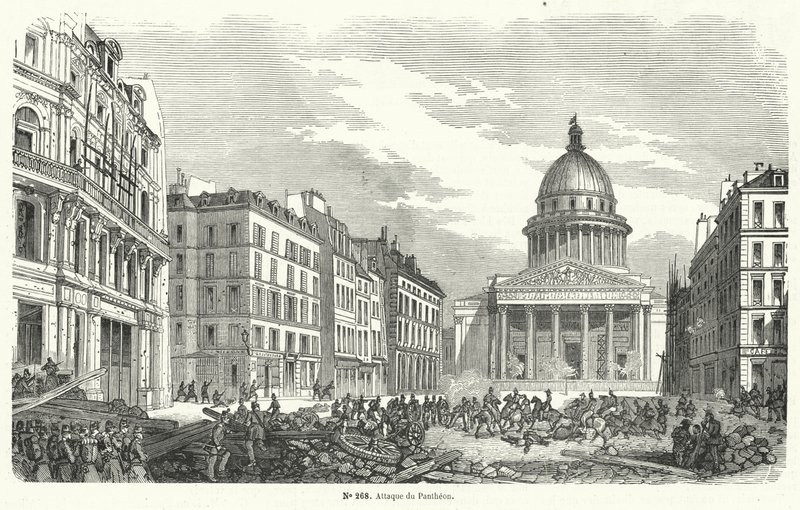Franse leger troepen vallen opstandelingen aan die het Pantheon bezetten, Parijs, 24 juni 1848 door French School