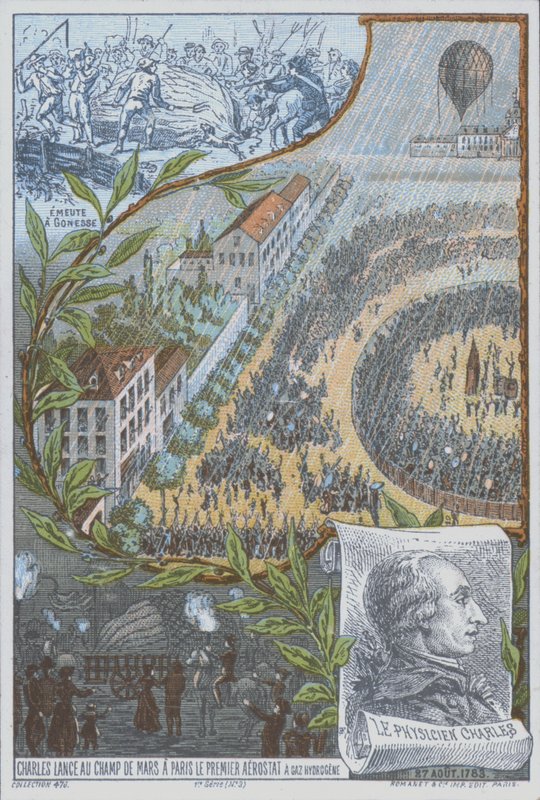 Franse ballonvaarder Jacques Charles lanceert de eerste waterstofballon vanaf het Champ de Mars, Parijs, 27 augustus door French School