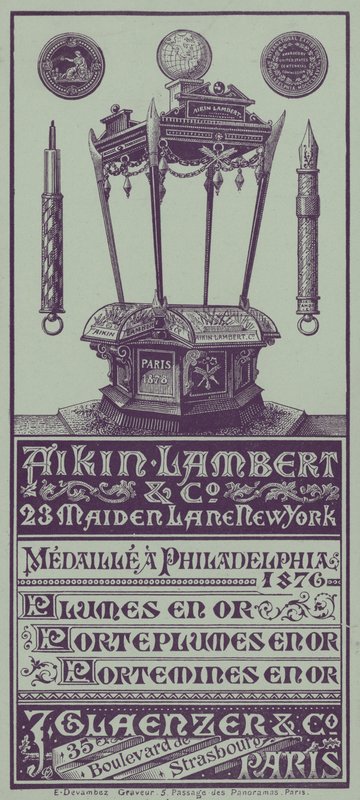 Franse handelskaart voor Aikin Lambert pennen, penhouders en vulpotloden (litho) door French School