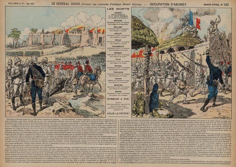 Franse troepen onder bevel van Generaal Alfred-Amedee Dodds vallen Abomey aan, Dahomey, Tweede Frans-Dahomeese Oorlog door French School