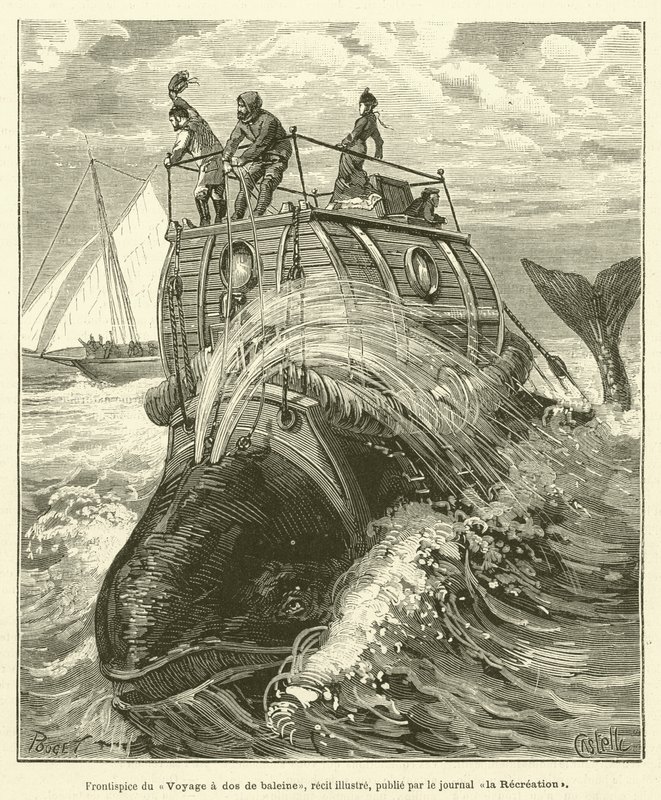 Frontispice van de reis op de rug van een walvis, geïllustreerd verhaal, gepubliceerd door de krant La Récréation door French School