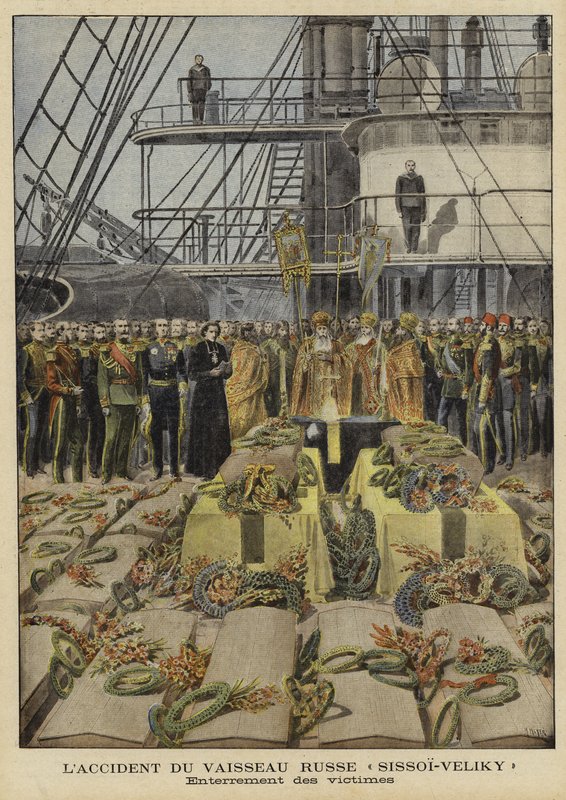 Begrafenis van slachtoffers van het ongeluk aan boord van het Russische slagschip Sissoi Veliky, 1897 door French School