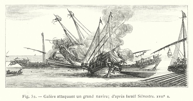 Galei die een groot schip aanvalt; naar Israel Silvestre, 17e eeuw door French School
