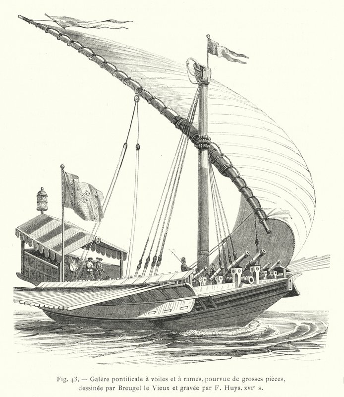Pauselijke galei met zeilen en roeispanen, voorzien van zware stukken, getekend door Breugel de Oude en gegraveerd door F Huys, 16e eeuw door French School