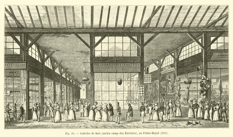Houten galerijen, voormalig kamp van de Tartaren, in het Palais-Royal, 1825 door French School