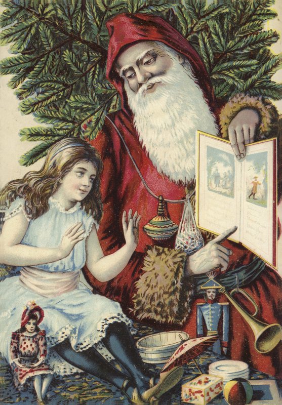 Meisje wordt geïllustreerd boek getoond door de Kerstman door French School