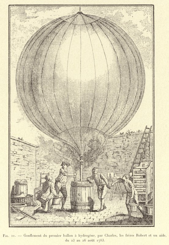 Oplaten van de eerste waterstofballon, door Charles, de gebroeders Robert en een assistent, van 23 tot 26 augustus 1783 door French School