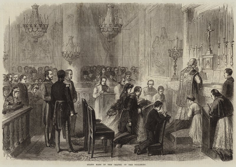 Grote mis in de kapel van de Tuilerieën (gravure) door French School