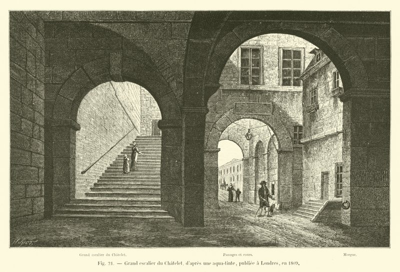 Grote trap van het Chatelet, naar een aquatint, gepubliceerd in Londen, in 1809 door French School