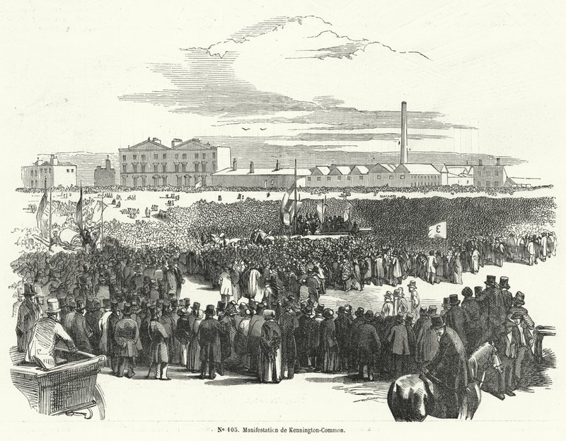 Grote bijeenkomst van de Chartisten op Kennington Common, Londen door French School
