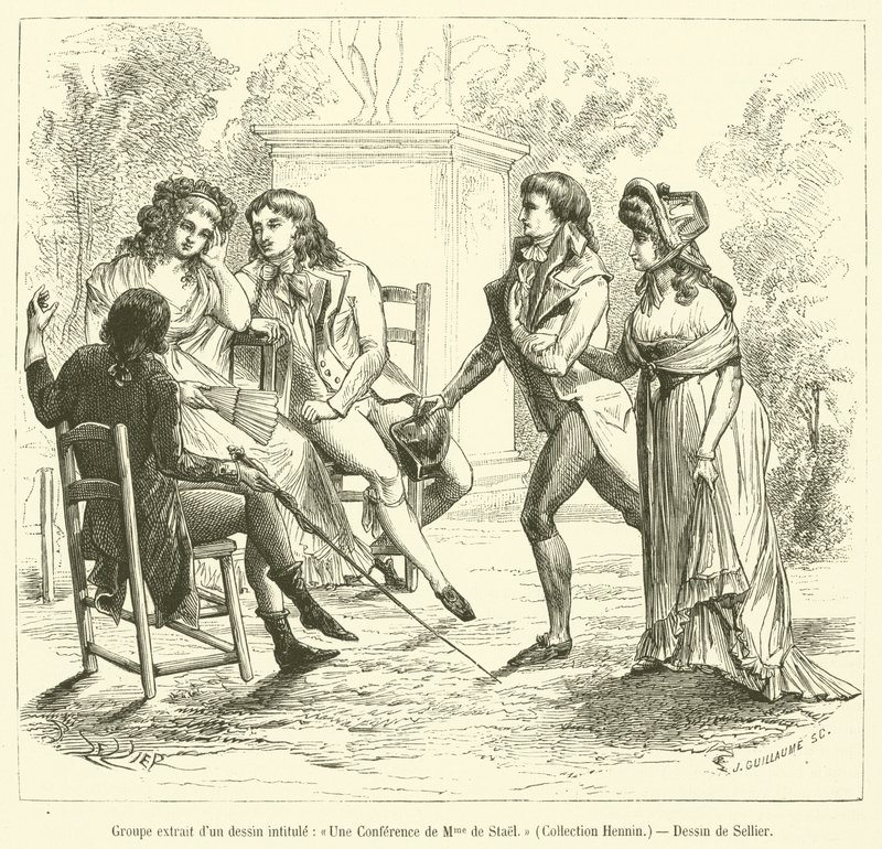 Groep uit een tekening getiteld, Een conferentie van Madame de Stael, Collectie Hennin door French School