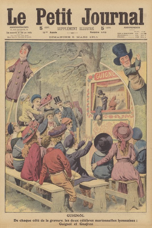 Guignol en Gnafron, beroemde Franse poppen uit een voorstelling uit Lyon (kleurenlitho) door French School