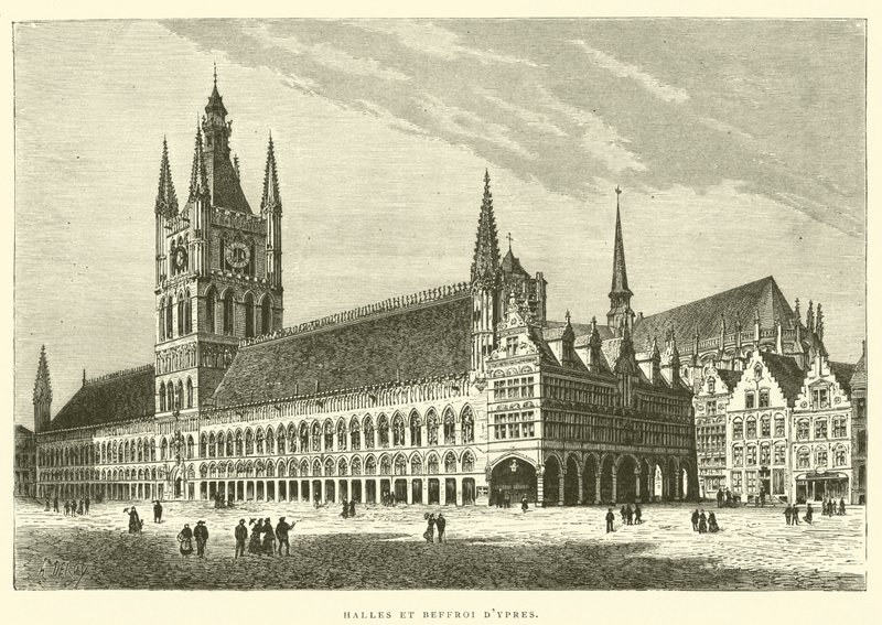 Hallen en Belfort van Ieper (gravure) door French School