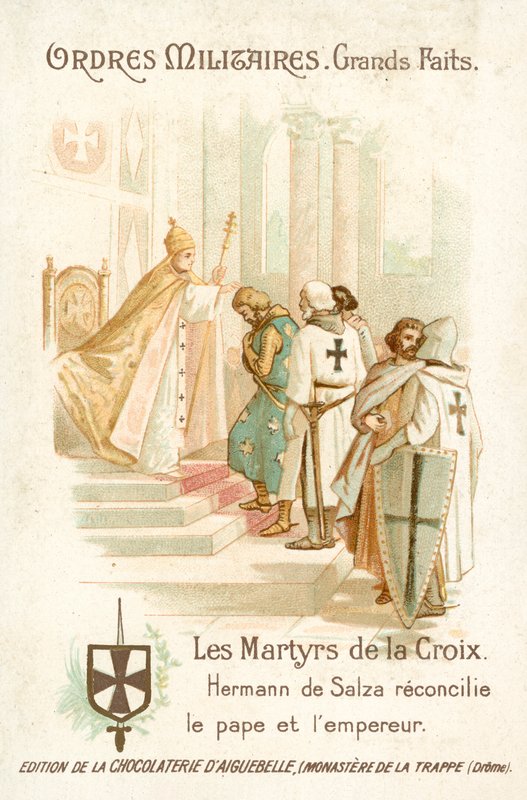 Hermann von Salza, Grootmeester van de Teutoonse Ridders, brengt een verzoening tot stand tussen paus Gregorius IX en keizer Frederik II door French School