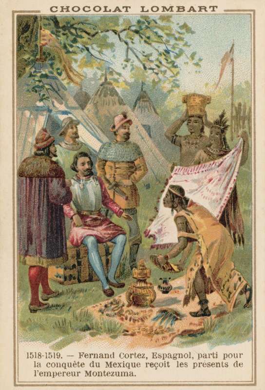 Hernan Cortes ontvangt geschenken van de Azteekse keizer Montezuma, Mexico, 1518-1519 door French School