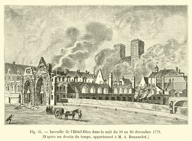 Brand van het Hotel-Dieu in de nacht van 29 op 30 december 1772, Naar een tekening uit die tijd, eigendom van M. A. Bonnardot door French School