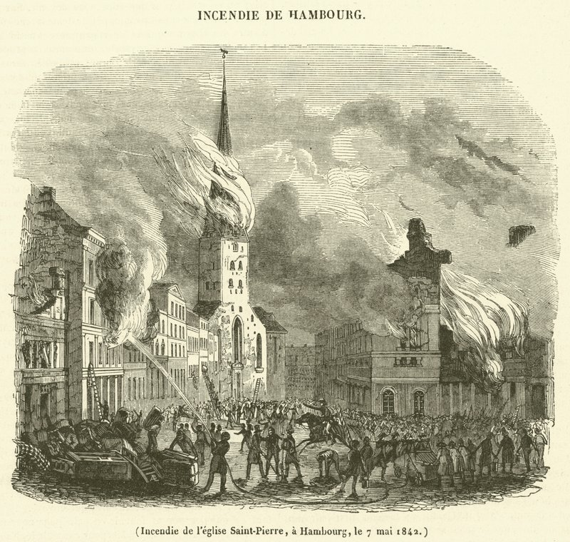 Brand van de Sint-Pieterskerk, in Hamburg, op 7 mei 1842 door French School