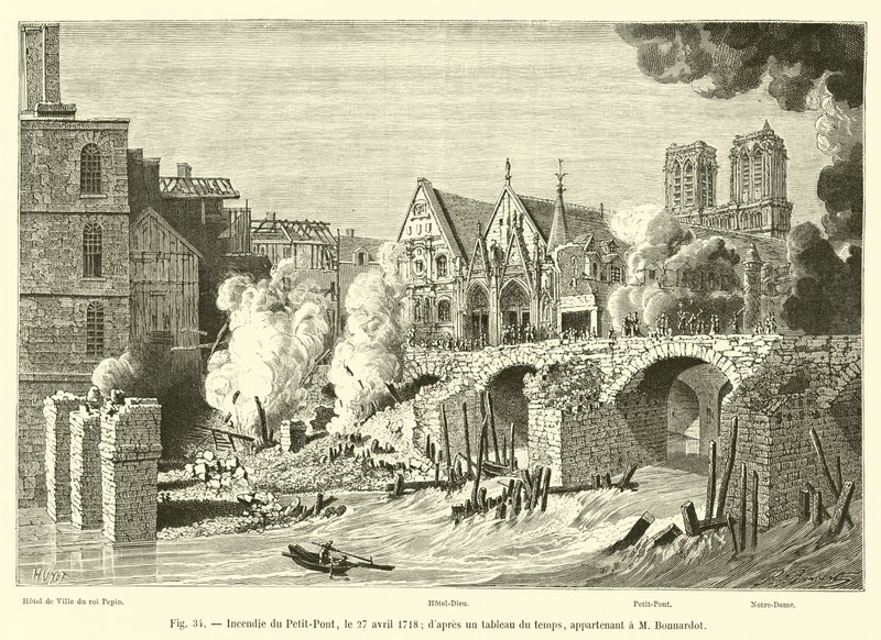 Brand van de Petit-Pont, 27 april 1718; naar een schilderij uit die tijd, eigendom van M. Bonnardot door French School