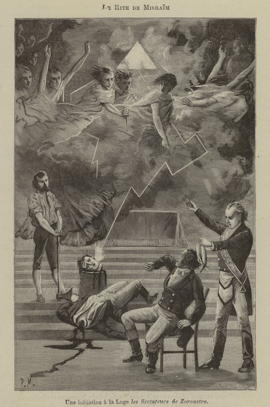 Inwijding in een loge van de Rite van Misraim (gravure) door French School