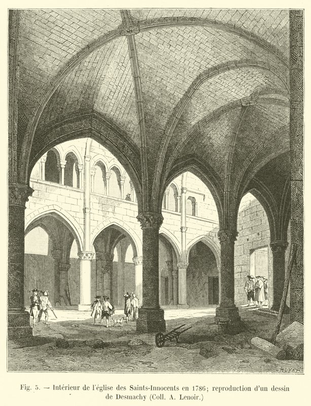 Interieur van de kerk van de Heilige Onschuldigen in 1786; reproductie van een tekening van Desmachy, Coll. A. Lenoir door French School